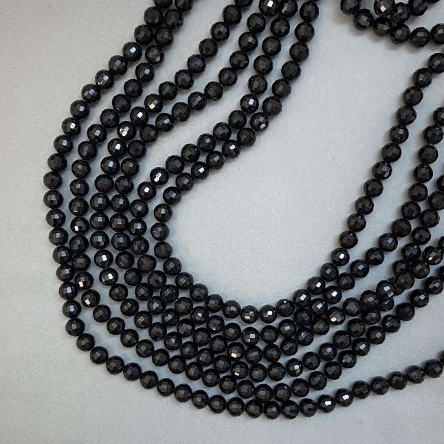 Czech Crystal Beads on Thread, Black Matte Faceted Round Bead, Diameter 8mm +/-, Length 50-51cm +