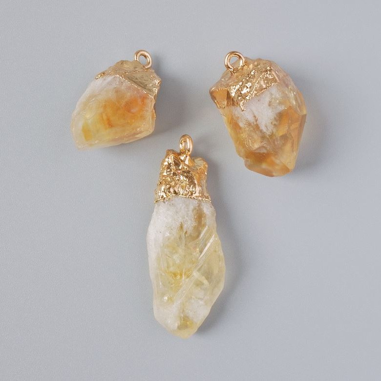Citrine Pendant Natural Stone Raw, Diameter from 24x15mm to 38x16mm+/- Assorted, Gold-Tone Metal