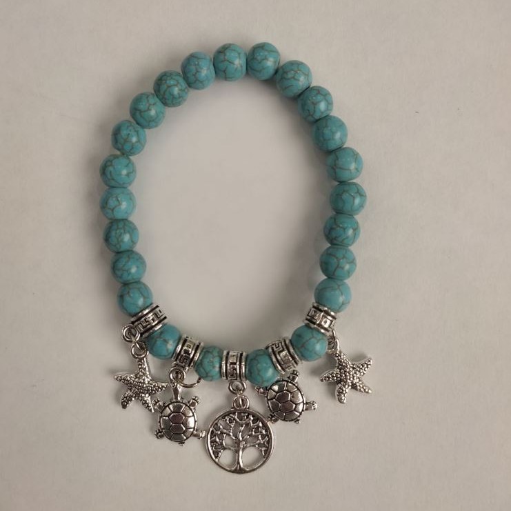 Turquoise Bracelet (Imitation) Smooth Round Bead, Diameter 8mm+/- with Silver-Tone Inserts, Length 18cm+/- (Stretch)
