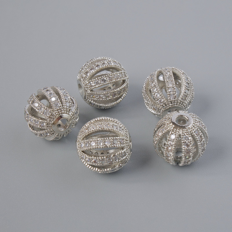 Finding Spacer Bead with White Rhinestones, Diameter 10mm+/-, Hole Diameter 2.2mm, Silver Metal Colour, 1pc