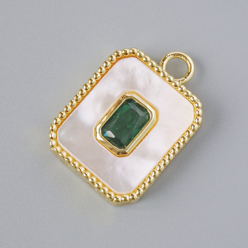 Mother-of-Pearl and Green Crystal Pendant, Gold Metal Colour, Diameter 20x14mm