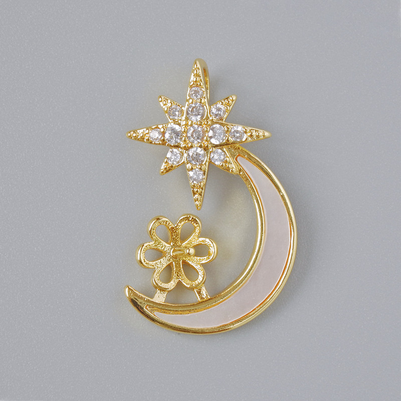 Finding "Moon" Pendant Mother-of-Pearl and White Rhinestones, Gold Metal Colour, Diameter 21.5x14mm