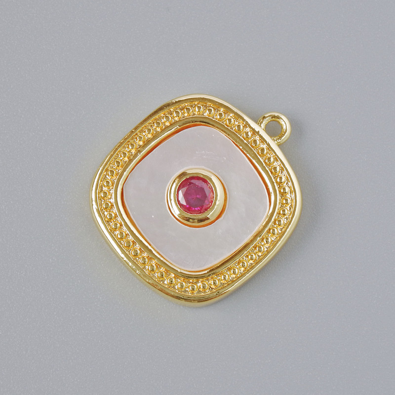 Mother-of-Pearl and Red Crystal Pendant, Gold Metal Colour, Diameter 17x15mm