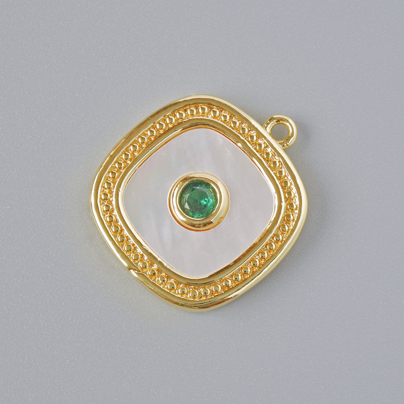 Mother-of-Pearl and Green Crystal Pendant, Gold Metal Colour, Diameter 17x15mm
