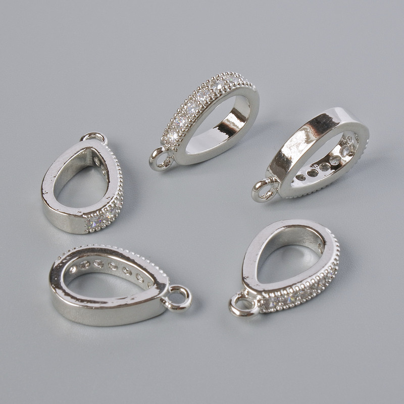 Pendant Bail with White Rhinestones, Silver Metal Colour, Diameter 15x3mm+/- 1pc