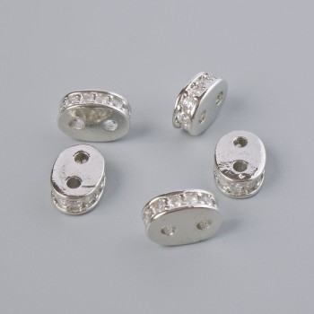 Separator bead for 2 cords, white crystals, silver-toned metal, diameter 8x3mm ± 1 piece