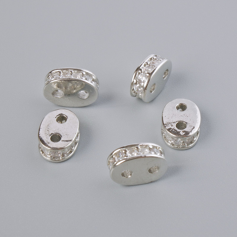 Separator bead for 2 cords, white crystals, silver-toned metal, diameter 8x3mm ± 1 piece