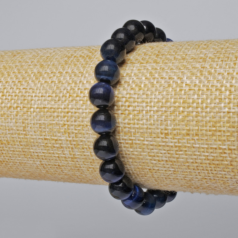 Blue Cat's Eye Bracelet, natural stone, smooth round bead, diameter 8.5mm+-, length 18cm+- (stretch)