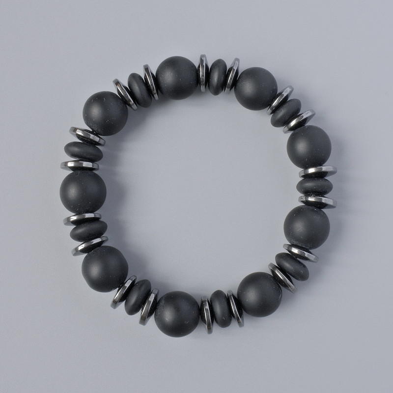 Shungite Bracelet, smooth rondelle and round beads, diameter 10x4.5mm, 12mm+-, length 18cm+- (stretch) with Hematite inserts