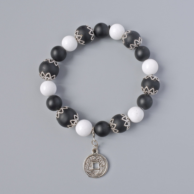 Shungite & White Agate Bracelet, diameter 12mm, 10mm+-, length 18cm+- (stretch) with metal inserts