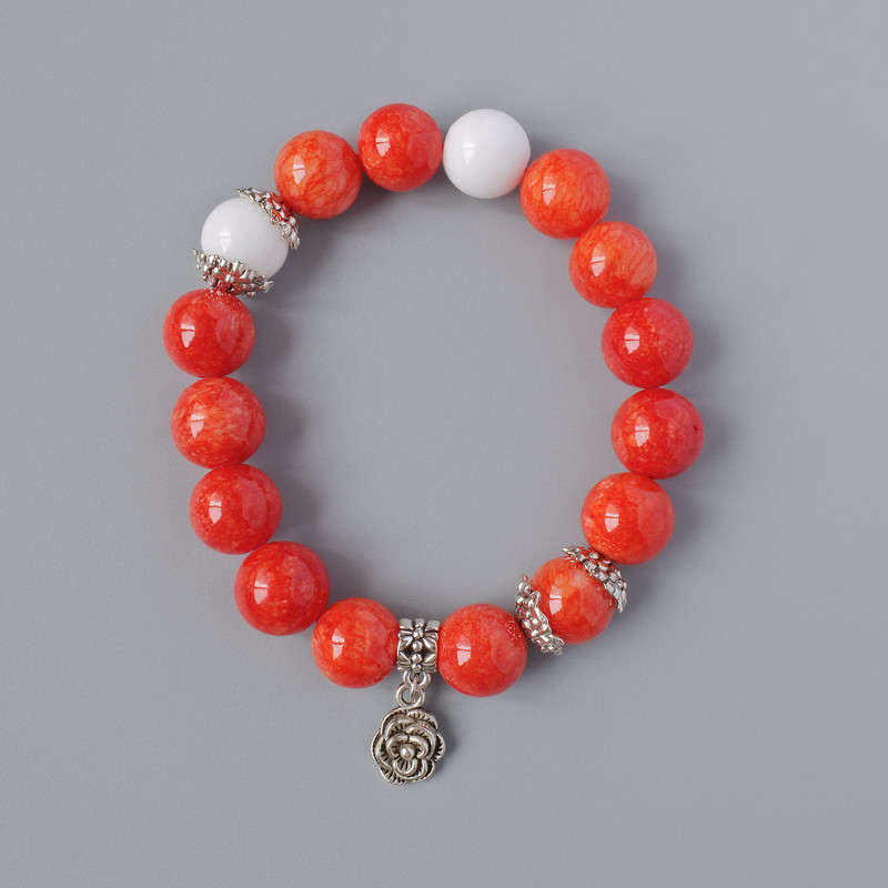 Coral (artificial acrylic) & White Agate (pressed) Bracelet, diameter 12mm+-, length 18cm+- (stretch) with metal inserts