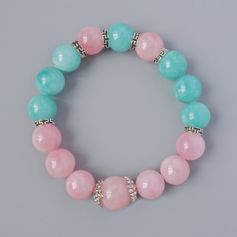 Rose Quartz & Amazonite (artificial acrylic) Bracelet, diameter 12.5mm+-, length 18cm+- (stretch) with metal inserts