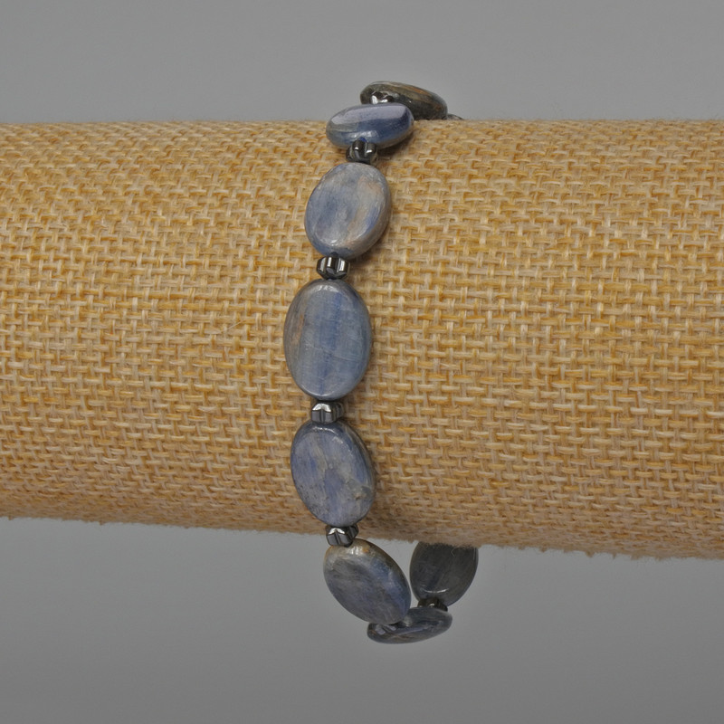 Kyanite Bracelet, natural stone, oval, diameter 10x14mm+-, length 18cm+- (stretch) with Hematite spacers