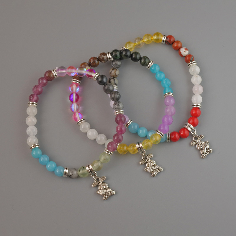 Assorted Bracelet, smooth round bead, diameter 6.5mm+-, length 18cm+- (stretch) with metal spacers