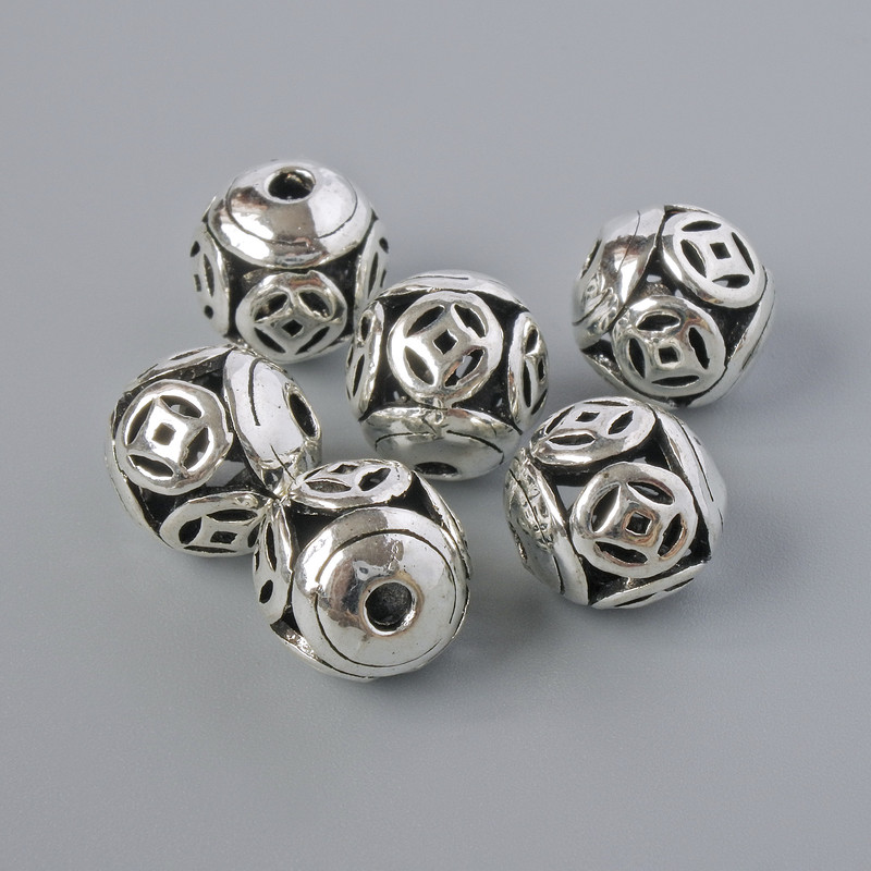 Findings Bead Spacer, diameter 10mm+-, hole diameter 2mm, silver-tone metal, 6pcs