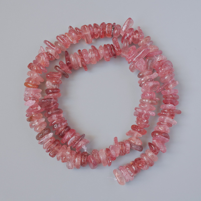 Strawberry Quartz Natural Stone Chips, Diameter 10x3mm+/-, Length 39cm+/- on Fishing Line