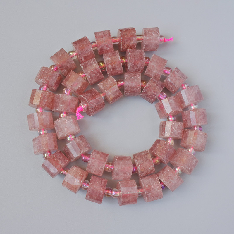Strawberry Quartz Natural Stone Faceted Rondelle Beads, Diameter 11x7mm+/-, Length 39cm+/- with Seed Beads on a Thread