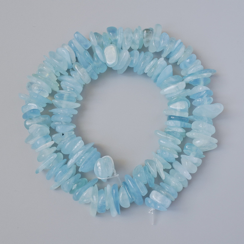 Aquamarine Beads, Natural Stone Chips, Diameter 11x3mm+/-, Length 39cm+/- on Fishing Line