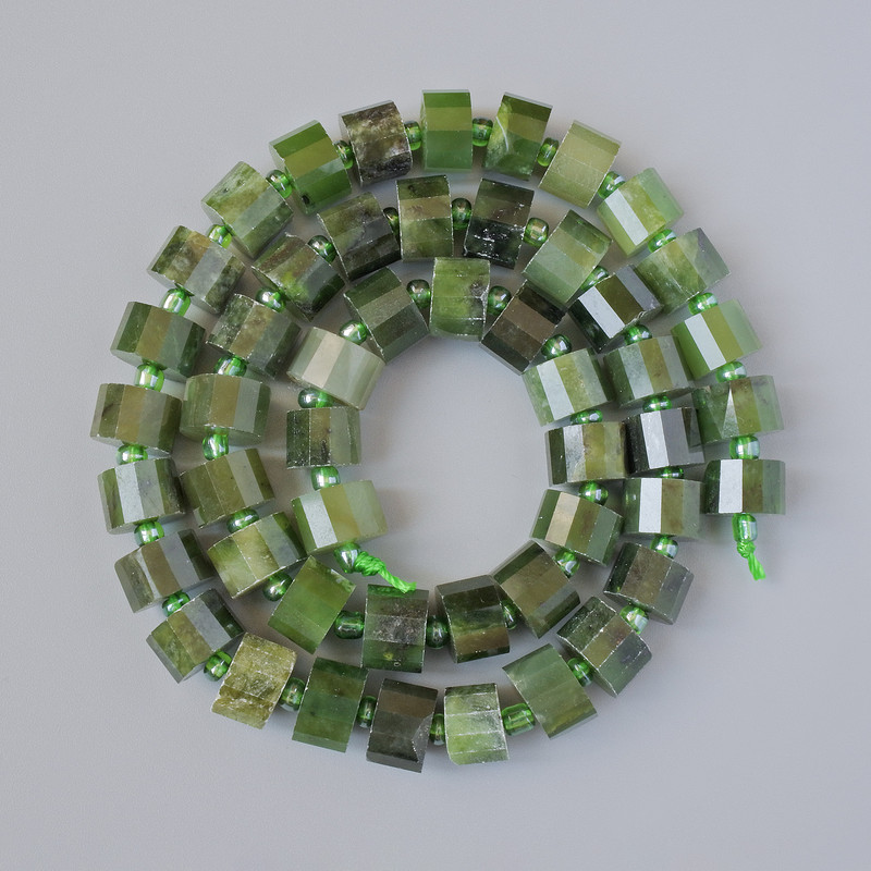 Canadian Jadeite Beads, Natural Stone Faceted Rondelle, Diameter 8x6mm+/-, Length 38cm+/- with Seed Beads on a Thread