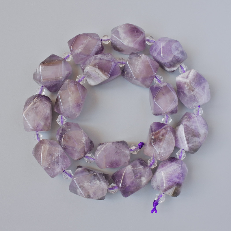 Amethyst Beads, natural stone, faceted, diameter 13x17.5mm+-, length 39cm+- with seed beads on a strand