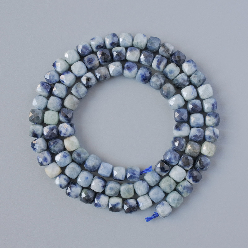 Sodalite Beads, natural stone, faceted cube, diameter 4mm+-, length 38cm+- on a strand