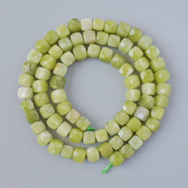 Jadeite Beads, natural stone, faceted cube, diameter 5mm+-, length 39cm+- on a strand
