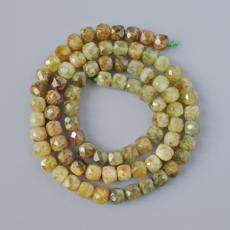 Grossular (Green Garnet) Beads, Natural Stone Faceted Cube, Diameter 6mm+/-, Length 38cm+/- on a Strand