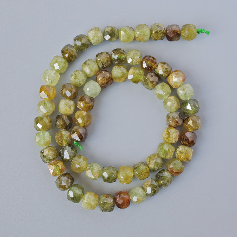 Grossular (Green Garnet) Beads, natural stone, faceted cube, diameter 5mm+-, length 39cm+- on a strand