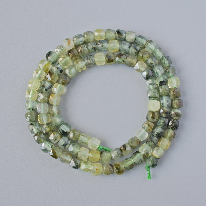 Prehnite Beads, natural stone, faceted cube, diameter 4mm+-, length 39cm+- on a strand