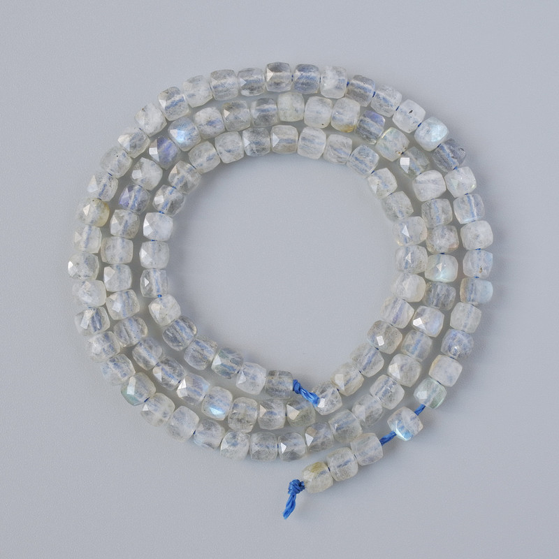 Labradorite Beads, natural stone, faceted cube, diameter 4mm+-, length 39cm+- on a strand