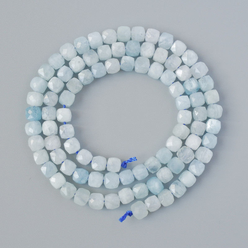 Aquamarine Beads, natural stone faceted cube, diameter 4mm+/-, length 39cm+/- on thread