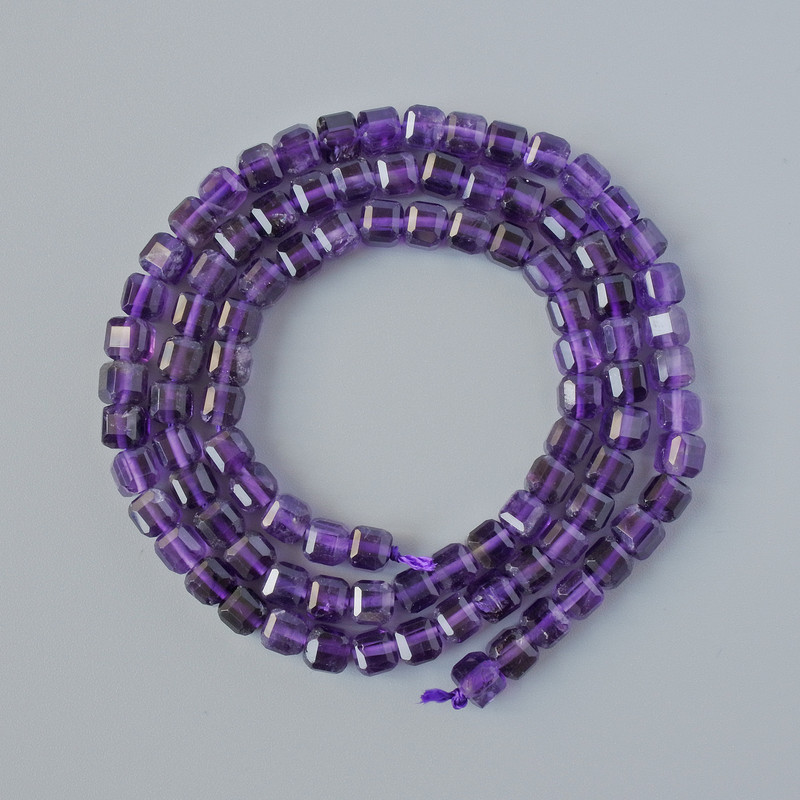 Amethyst Beads, natural stone faceted cube, diameter 4mm+/-, length 38cm+/- on thread