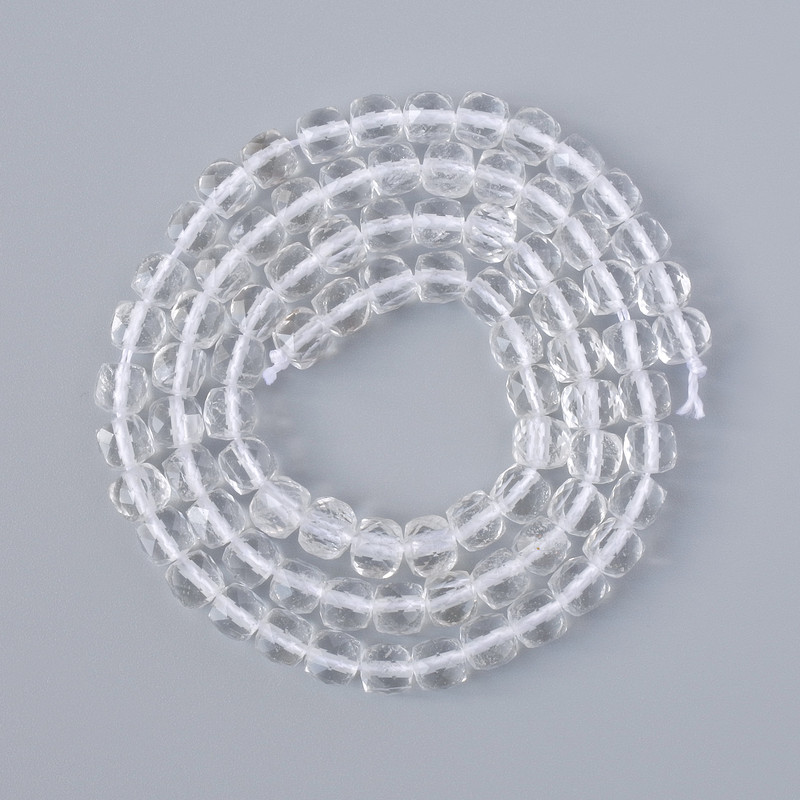 Rock Crystal Beads, natural stone faceted cube, diameter 4.5mm+/-, length 39cm+/- on thread