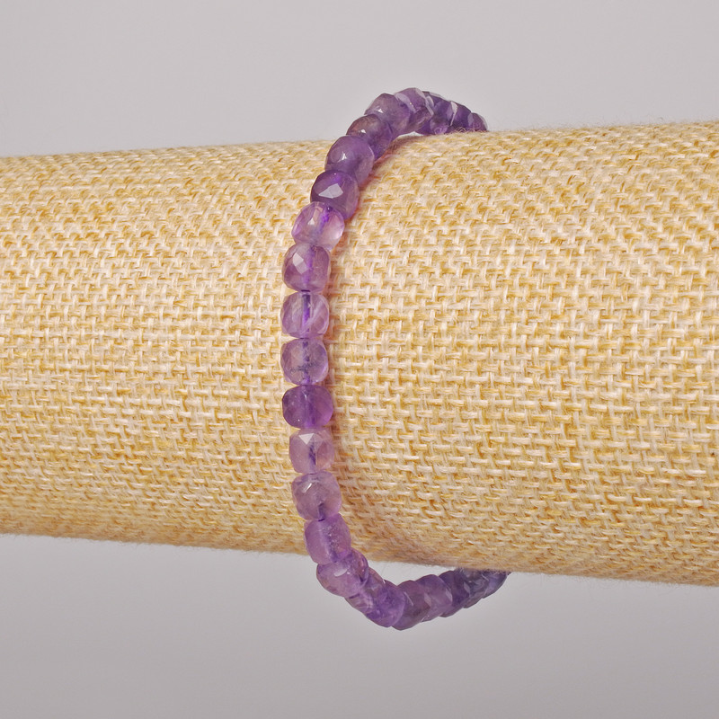 Amethyst Bracelet, natural stone faceted cube, diameter 5.5mm+/-, length 18cm+/- (stretch)