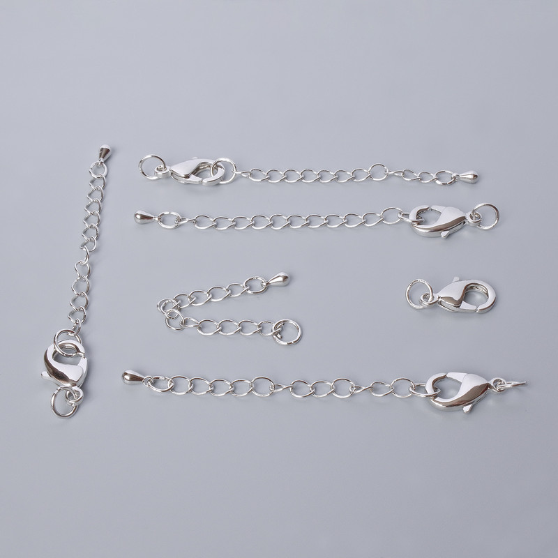 Clasp, Lobster 15×8 mm with extender chain, length 5.5 cm, silver-colour metal