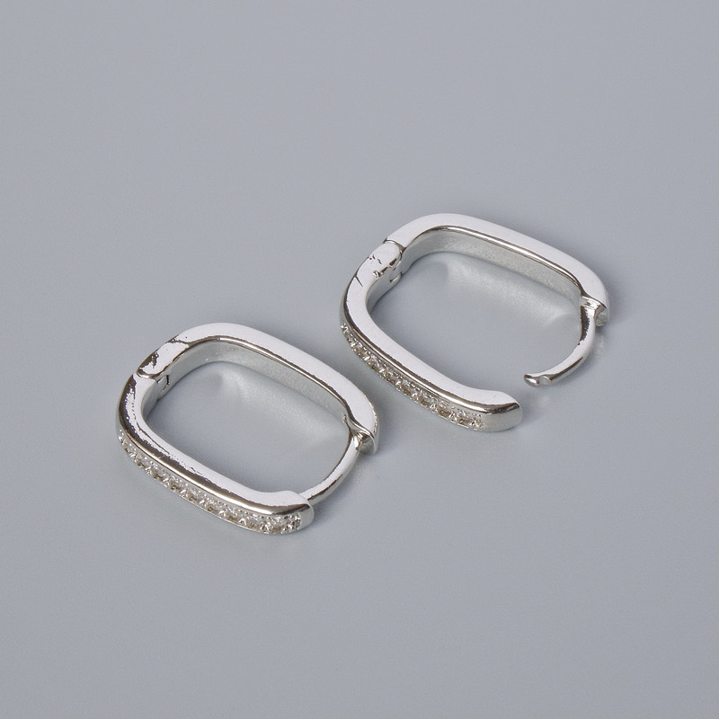 Kidney ear wires with white rhinestones, silver-tone metal, 16x13x3mm, pair