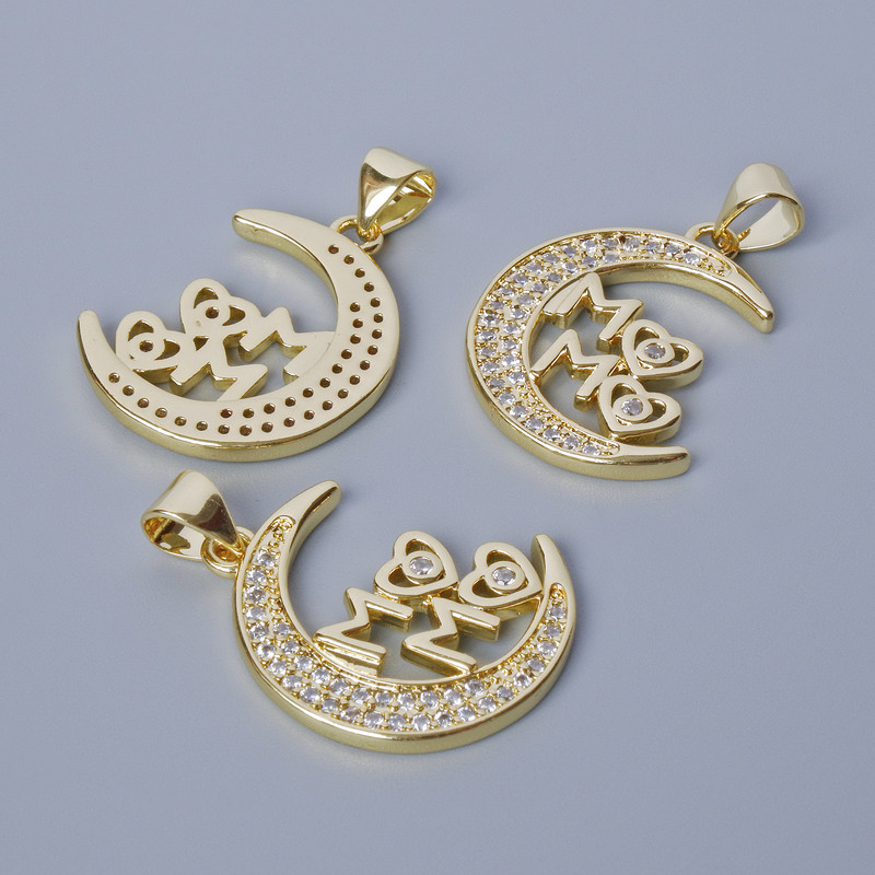 Pendant "Moon" with White Crystals, Gold-tone Metal, 26x17mm diameter