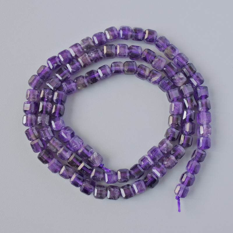Amethyst Beads natural stone, faceted cube shape, 4 mm diameter ±, 38 cm long ± on thread