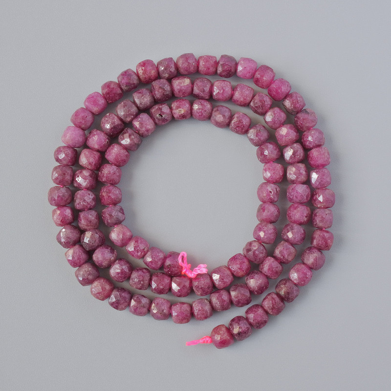 Ruby Beads Genuine Gemstone Faceted Cube, 4mm diameter ±, 39cm length ± on thread