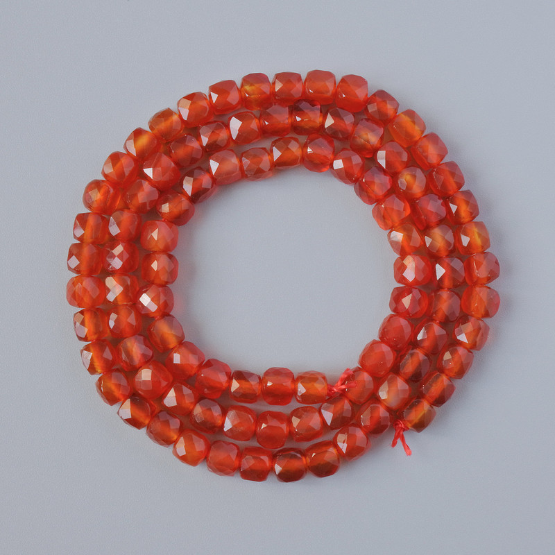 Carnelian natural stone, faceted cube beads, 4.5 mm diameter, 38 cm length on a thread