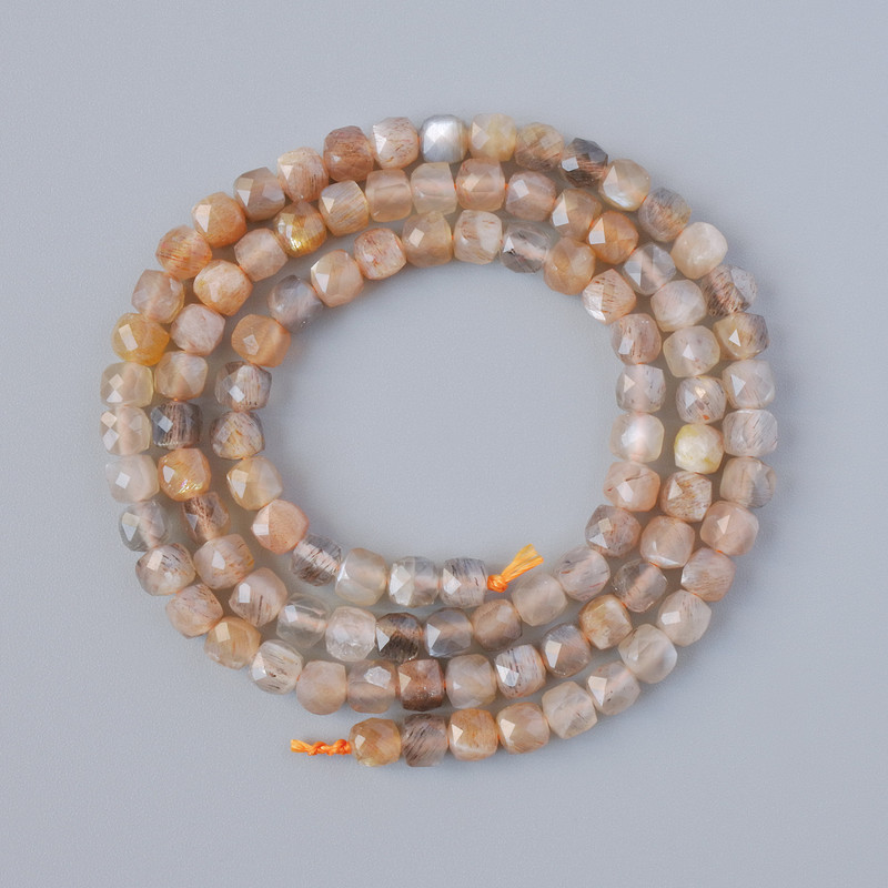 Selenite Beads natural gemstone, faceted cube, diameter 4mm±, length 39cm± on thread