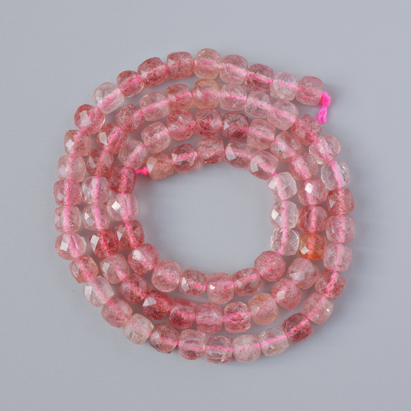 Strawberry Quartz Beads - Natural Stone Cut Cubes, 5mm Ø, 39cm ± on Thread