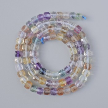 Fluorite Beads natural gemstone, faceted cube shape, 4–5 mm diameter, 39 cm+/- length on thread