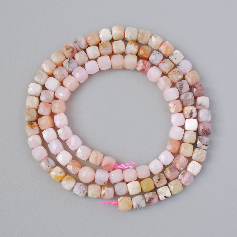 Rose Pink Opal Natural Stone Faceted Cube Beads, 4mm diameter ±, 39cm length ± on thread