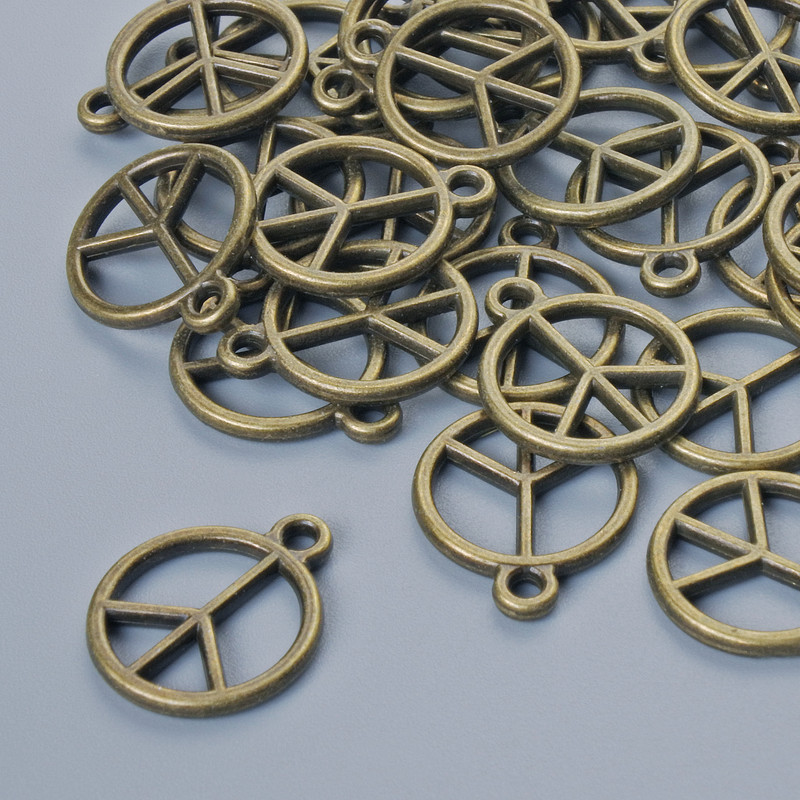 Findings pendant "Peace Sign", diameter 14.5x12mm, hole diameter 1.5mm, pack 30pcs+/- bronze colour metal
