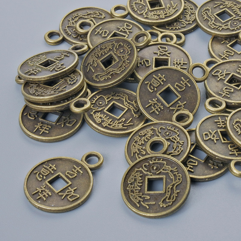 Fittings pendant "Chinese Coin", diameter 17×13mm, hole diameter 2.3mm, packaged 24pcs ± bronze metal colour