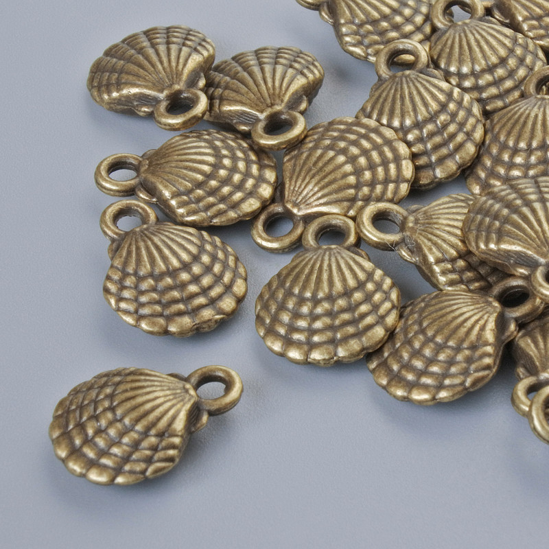 Pendant Finding "Shell", diameter 13×10mm, hole diameter 1.8mm, packaged 20pcs±, bronze metal colour