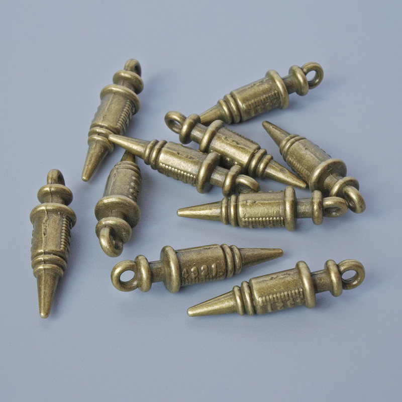 Finding Pendant "Syringe", 24.5x6.5mm, hole diameter 2mm, pack of 10pcs+/- bronze metal colour