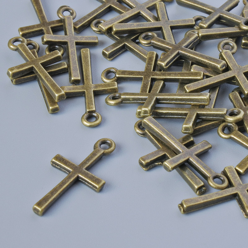 Finding Pendant "Cross", diameter 18x10mm, hole diameter 1.3mm, pack of 30pcs+/- bronze metal colour