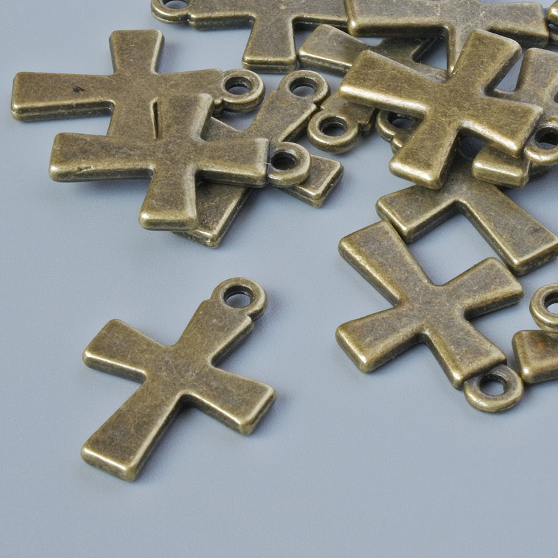 Finding Pendant "Cross", diameter 18.5x13mm, hole diameter 1.6mm, pack of 15pcs+/- bronze metal colour